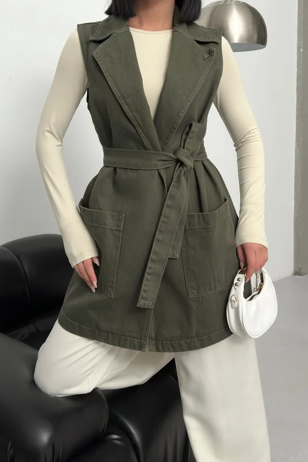 Belted and Cross Over Collar Denim Vest 6137-67-(S-XL) Khaki