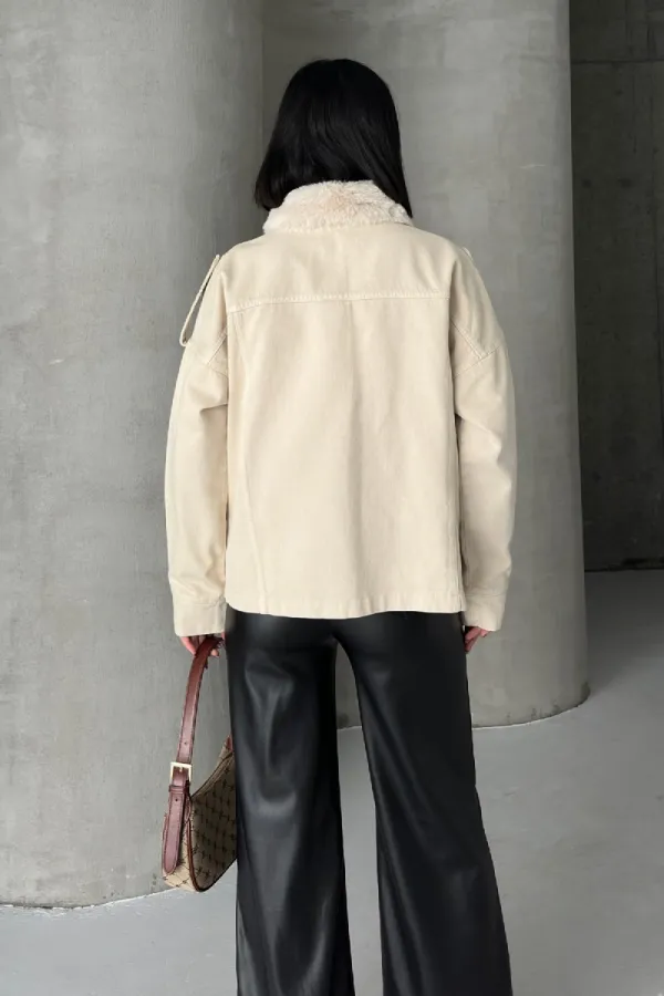 Denim Jacket with Fur Collar Detail 6169-65-(S+L+4) Stone Denim Jacket with Fur Collar Detail 6169-65-(S+L+4) Stone
