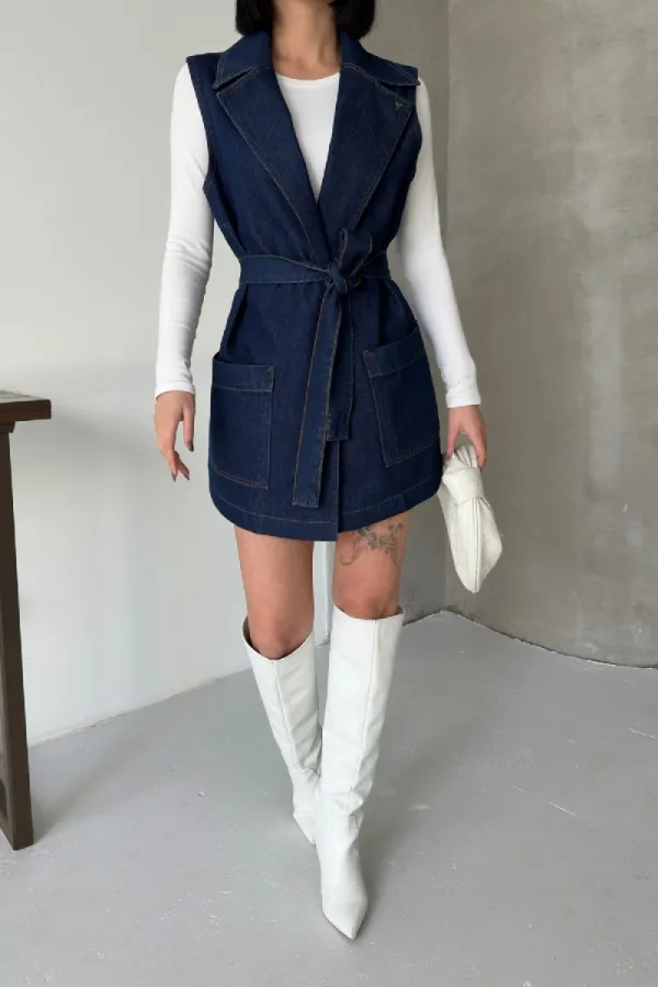 Belted and Cross Over Collar Denim Vest 6137-26-(S-XL) Regular Dark Blue