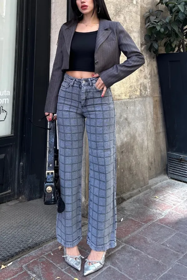 Armürlü Kareli Bol Paça Jean 1718-40-(26-31)