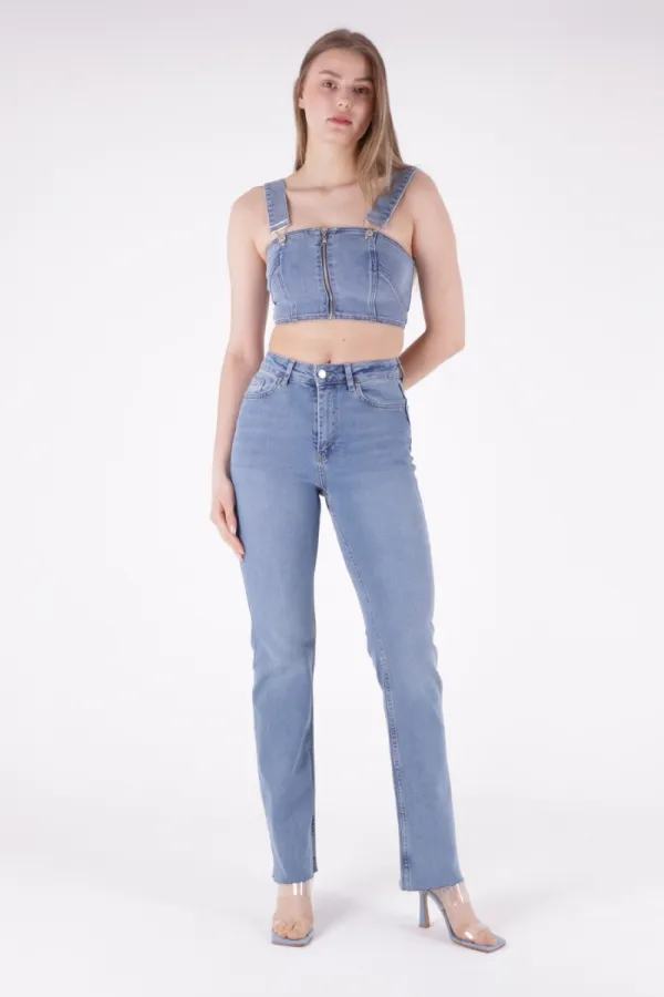 Tasseled Bottom Wide Leg Relax Jean 1726-15-(28-33) Light Blue Denim Tasseled Bottom Wide Leg Relax Jean 1726-15-(28-33) Light Blue Denim