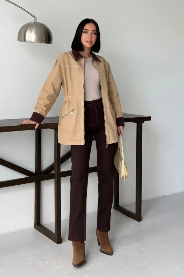 Velvet Piece Detailed Zippered Denim Jacket 6129-70-(S-XL) Camel