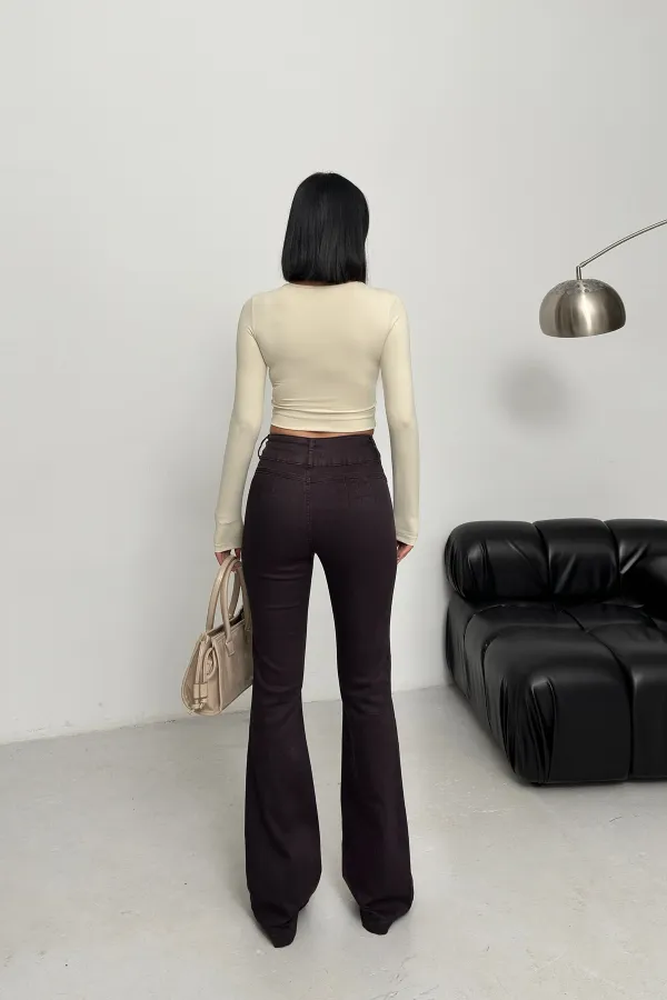 Stitched Hems Wide Leg Relaxed Jean  7026-82-(26-31) Maroon