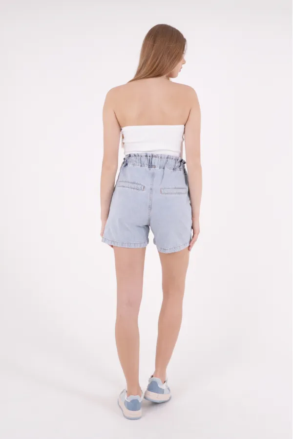 Elasticated Waist Denim Short with Lace-up 232-08-(S-XL-6) Snow Light Blue Elasticated Waist Denim Short with Lace-up 232-08-(S-XL-6) Snow Light Blue