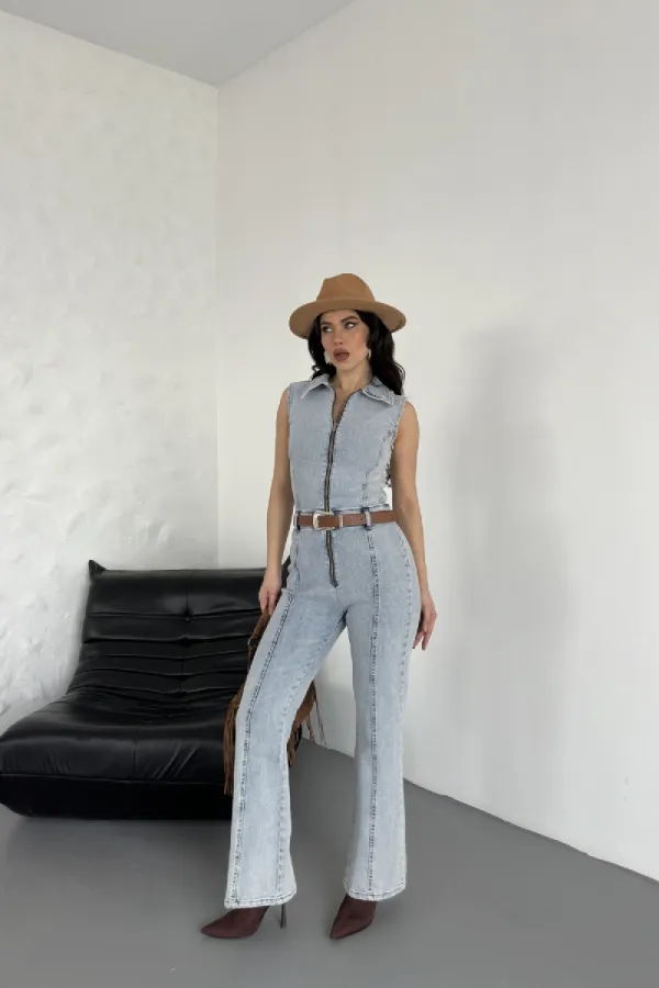 Kuplu Kolsuz Fermuarlı Kot Tulum 3013-08-(S-XL)