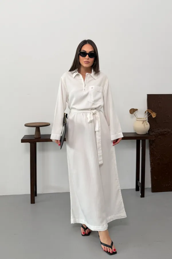 Belted Long Denim Dress 3035-51-(S-XL) Cream White