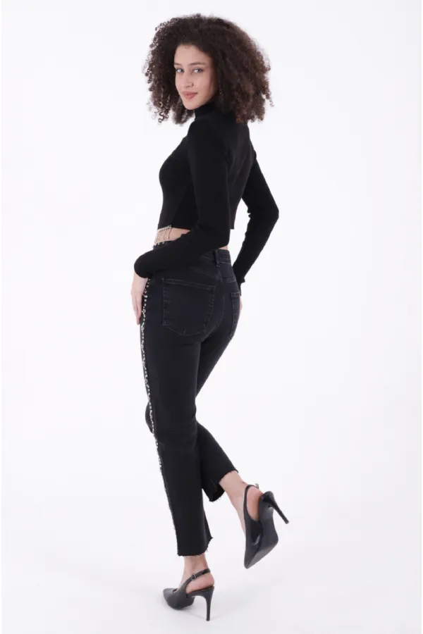 Yanları Droplı Mom Fit Kot Pantolon  7039-23-(28-33)