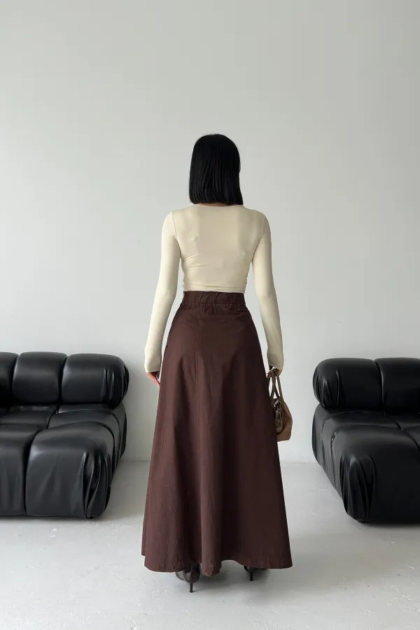 Ruffled Long Skirt with Elasticated Waist  1063-78-(36-44) Brown