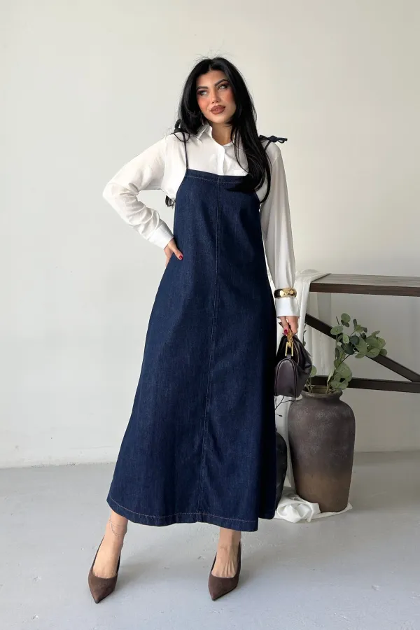 Strappy Relax Dress 3085-17-(S-XL) Slubbed Navy Blue Strappy Relax Dress 3085-17-(S-XL) Slubbed Navy Blue