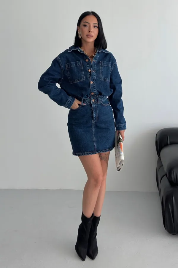 Düğmeli Mini Kot Elbise  3027-26-(S-L-3)