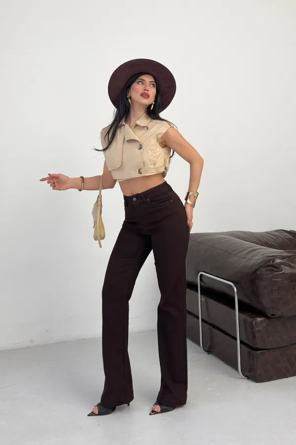Stitched Hems Wide Leg Relaxed Jean  7026-78-(30-36) Brown