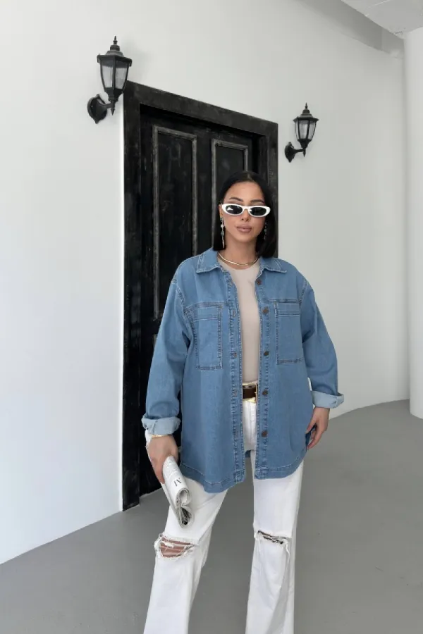 Denim Shirt with Pockets 6097-27-(S+L+3) Rinsed Blue