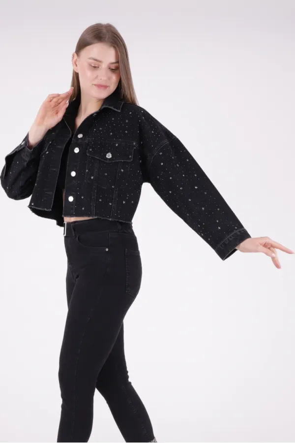 Oversize Short Denim Jacket with Stars and Rhinestones 6005-23-(S-L-5) Regular Anthracite Oversize Short Denim Jacket with Stars and Rhinestones 6005-23-(S-L-5) Regular Anthracite