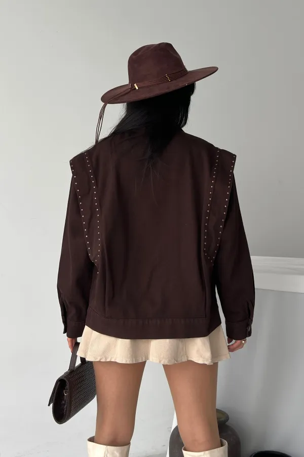 Denim Jacket with Stud Details 6253-78-(S-L-3) Brown