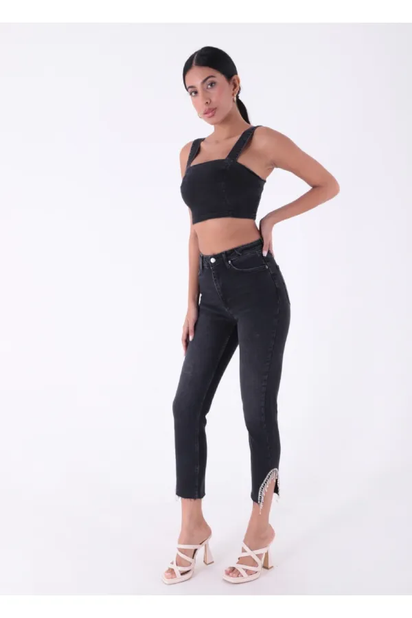 High Waisted Mom Jean with Rhinestones on Leg Hems Sides 1881-23-(28-33) Regular Anthracite High Waisted Mom Jean with Rhinestones on Leg Hems Sides 1881-23-(28-33) Regular Anthracite