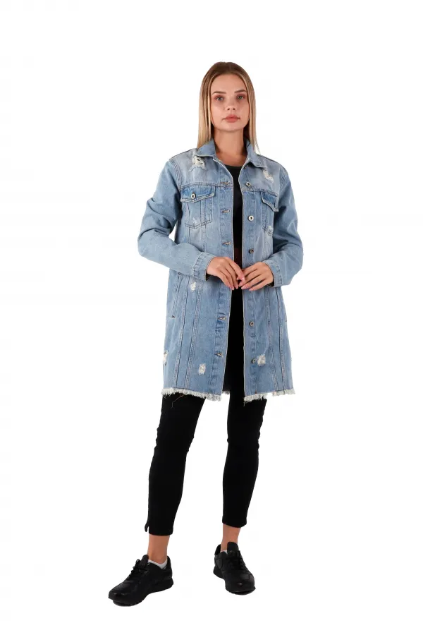 Fringe Finish Boyfriend Denim Jacket 679-42-(S-XL-6) Ice Blue - Tinted Fringe Finish Boyfriend Denim Jacket 679-42-(S-XL-6) Ice Blue - Tinted