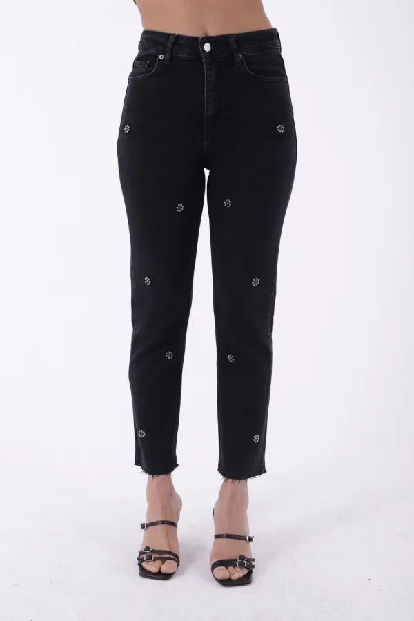 İncili Çiçek Desenli Mom Fit Kot Pantolon  7022-23-(28-33)