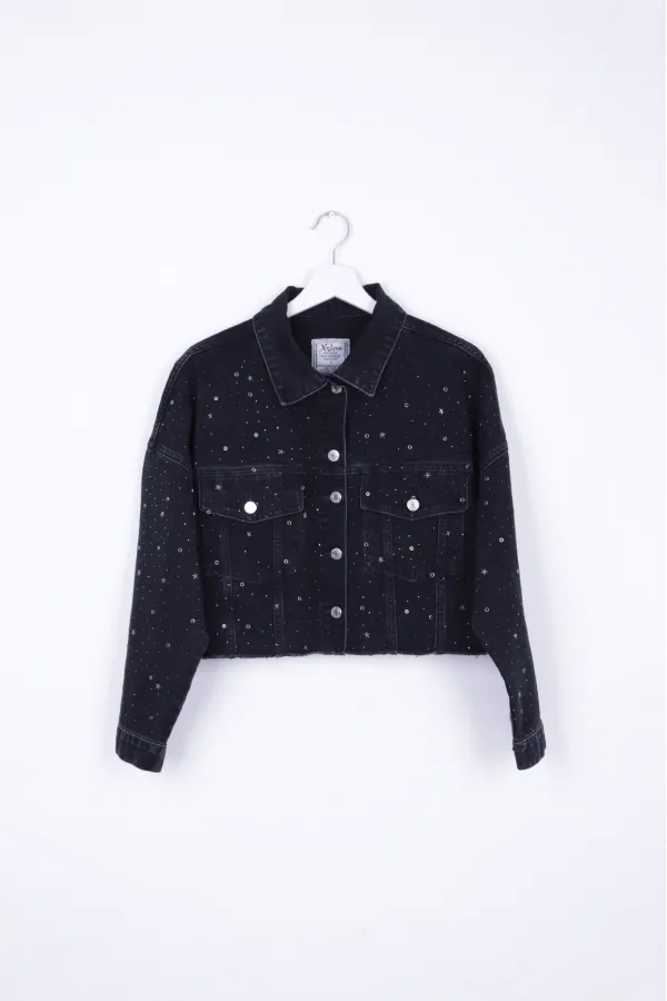 Oversize Short Denim Jacket with Stars and Rhinestones 6005-23-(S-L-5) Regular Anthracite Oversize Short Denim Jacket with Stars and Rhinestones 6005-23-(S-L-5) Regular Anthracite