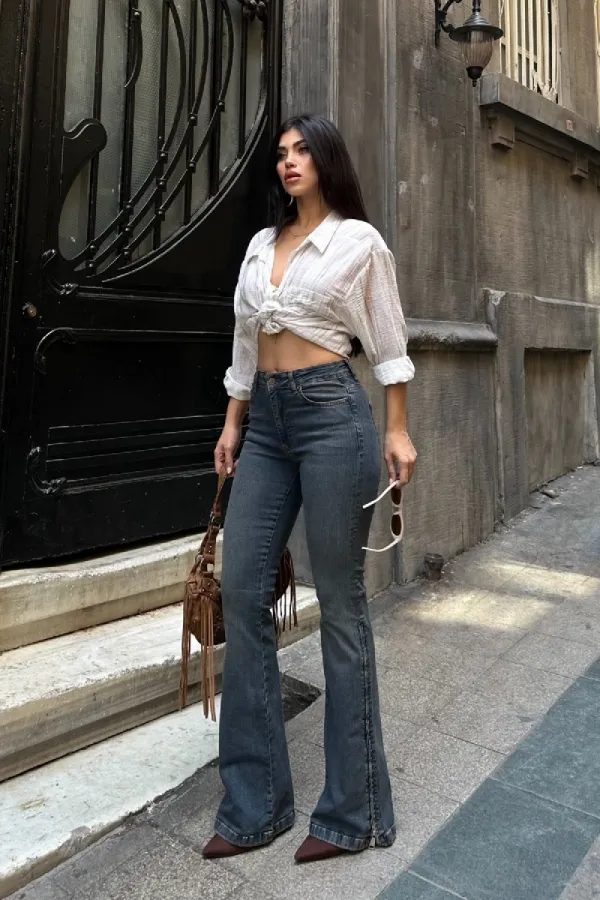 Paçaları Fermuarlı Kot Pantolon 7091-02-(26-31) Paçaları Fermuarlı Kot Pantolon 7091-02-(26-31)