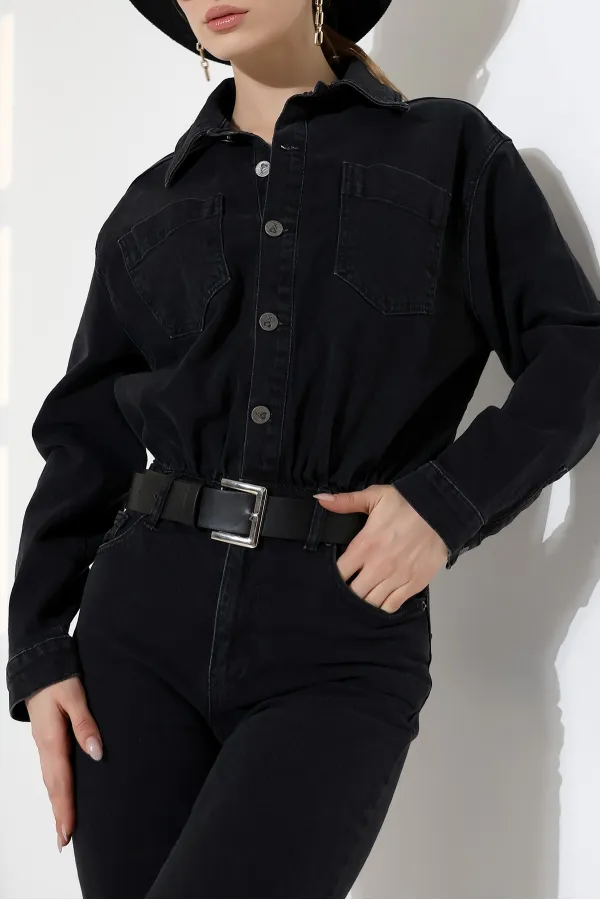 Buttoned Classic Long Denim Dress 3034-23-(S+L+3) Regular Anthracite Buttoned Classic Long Denim Dress 3034-23-(S+L+3) Regular Anthracite