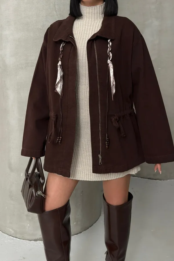 Denim Jacket with Waist Detail 6145-78-(S-L-3) Brown