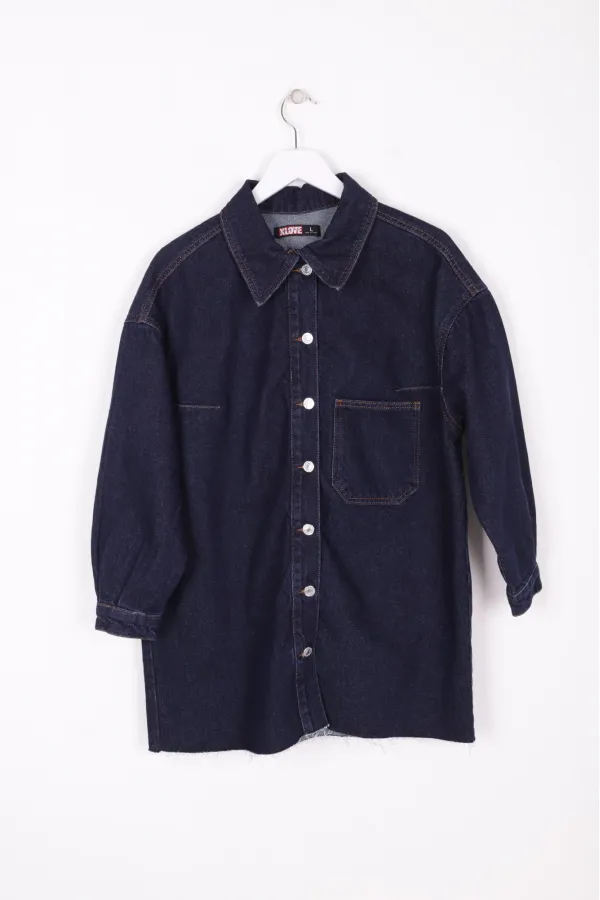 Denim Jacket with Embroidery on the Back 6025-17-(S-XL-6) Slubbed Navy Blue Denim Jacket with Embroidery on the Back 6025-17-(S-XL-6) Slubbed Navy Blue