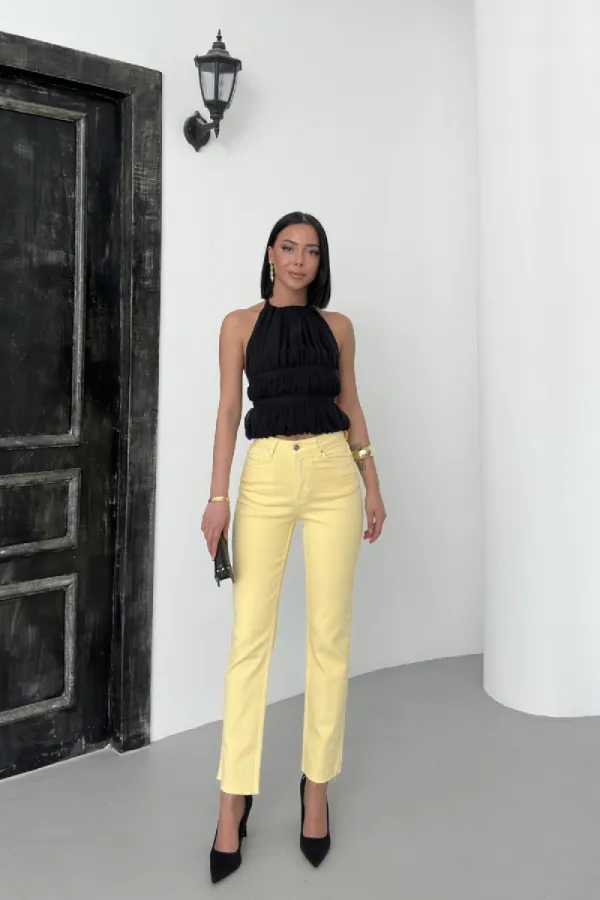 Fringe Ending High Waisted Mom Fit Jean 764-93-(26-31) Light Yellow
