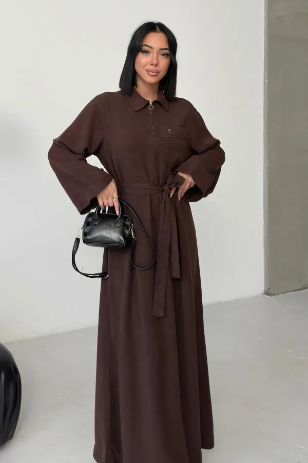 Belted Long Denim Dress 3035-78-(S-XL) Brown