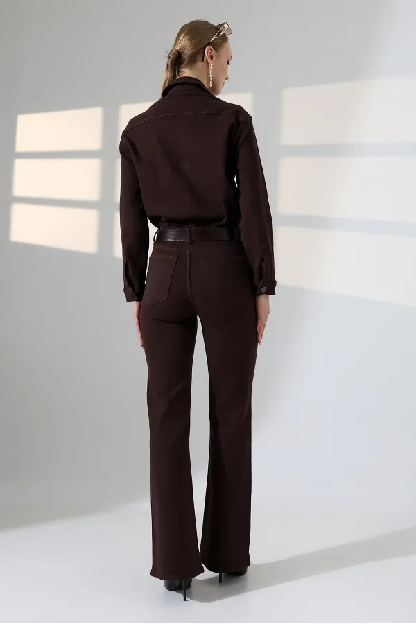 Classic Denim Jumpsuit with Elasticated Waist 3037-78-(S-XL) Brown
