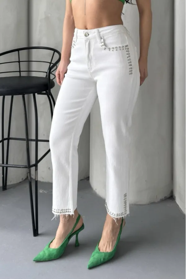 Taşlı Mom Fit Kot Pantolon 7023-50-(28-33)