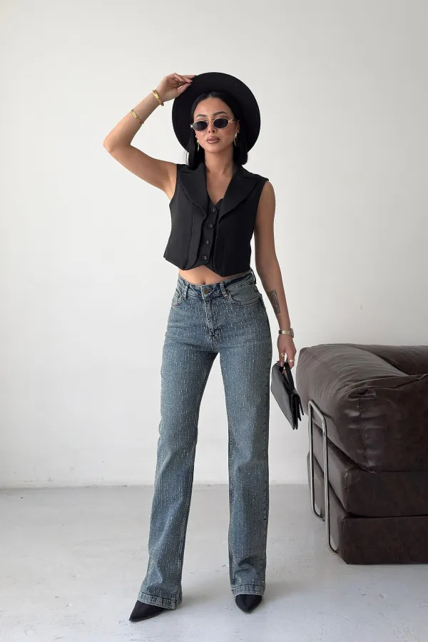 Taşlı Boru Paça Relax Kot Pantolon  7209-28-(27-32)