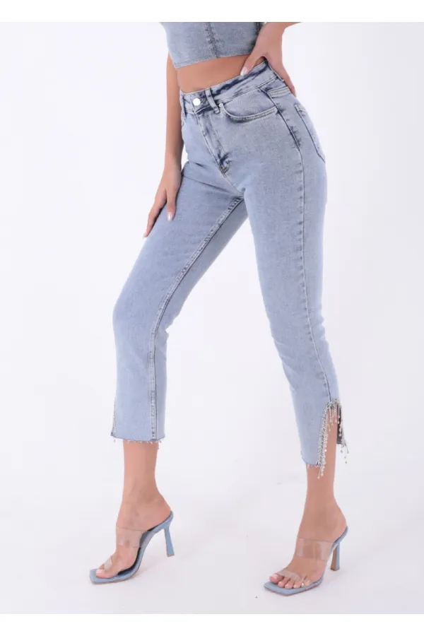 High Waisted Mom Jean with Rhinestones on Leg Hems Sides 1881-08-(26-28) Snow Light Blue High Waisted Mom Jean with Rhinestones on Leg Hems Sides 1881-08-(26-28) Snow Light Blue