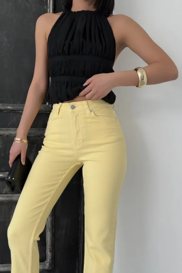 Fringe Ending High Waisted Mom Fit Jean 764-93-(28-33) Light Yellow