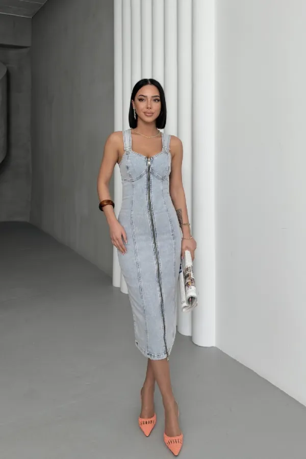 Adjustable Strap Denim Dress 3021-08-(S-XL)