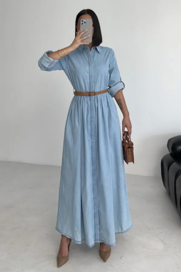 Büzgü Detaylı Uzun Kot Elbise  3048-42-(S-XL)