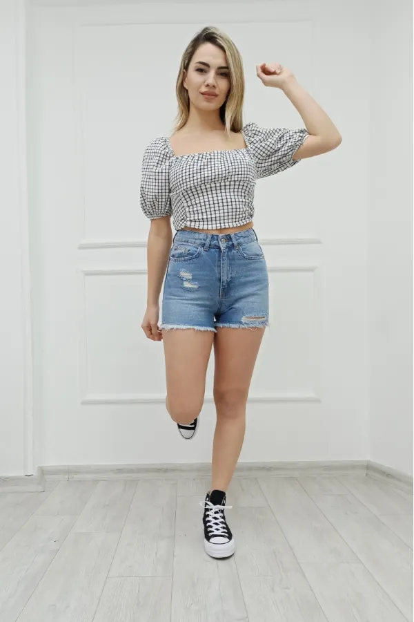 Ripped Denim Short with Fringe Ending 225-06-(S-XL-6) Middle Blue Denim Ripped Denim Short with Fringe Ending 225-06-(S-XL-6) Middle Blue Denim