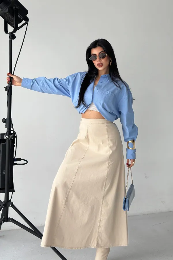 Ruffled Long Skirt with Elasticated Waist  1063-65-(36-44) Stone