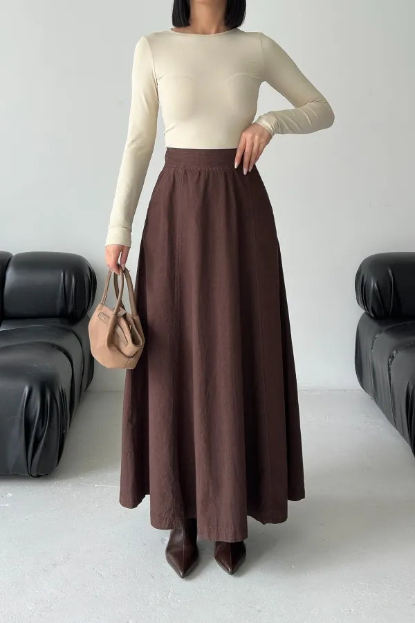 Ruffled Long Skirt with Elasticated Waist  1063-78-(36-44) Brown