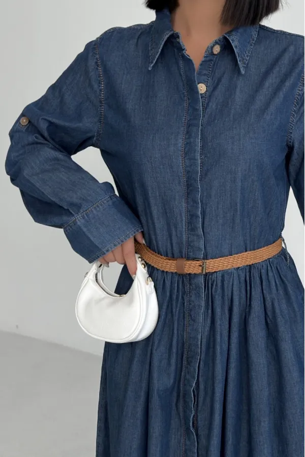 Büzgü Detaylı Uzun Kot Elbise  3048-26-(S-XL)
