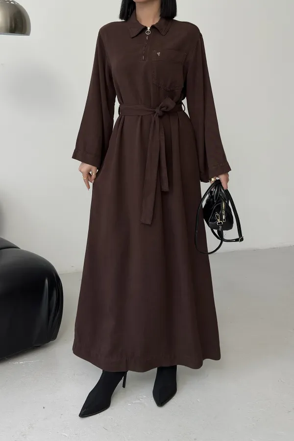 Buttoned Classic Long Denim Dress 3034-78-(S+L+3) Brown Buttoned Classic Long Denim Dress 3034-78-(S+L+3) Brown
