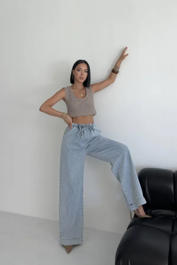 Elastic Waist Palazzo Jean 7076-08-(S-XL) Snow Light Blue