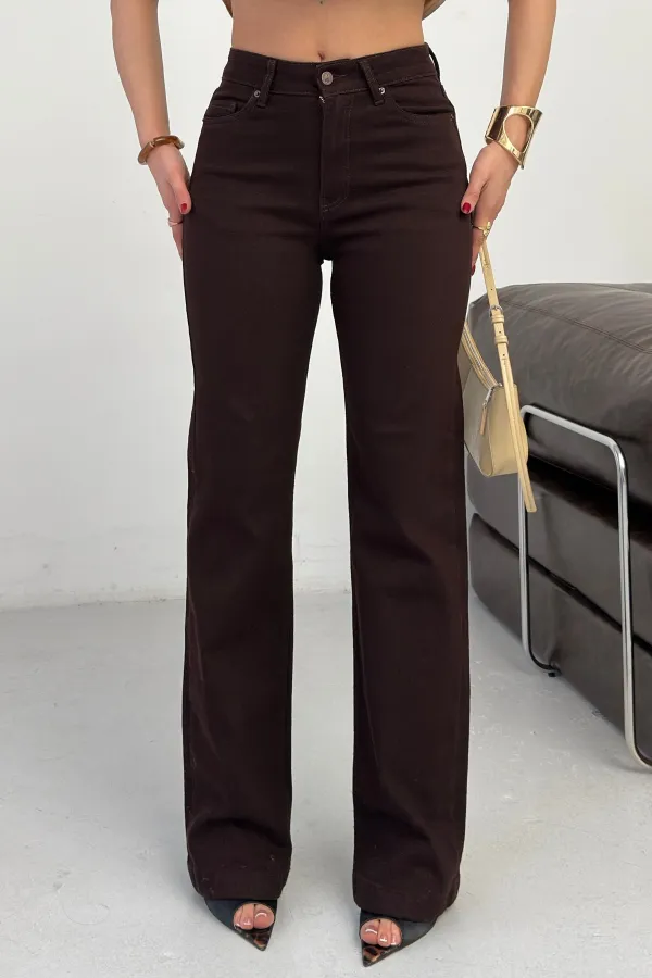 Stitched Hems Wide Leg Relaxed Jean  7026-78-(27-32) Brown