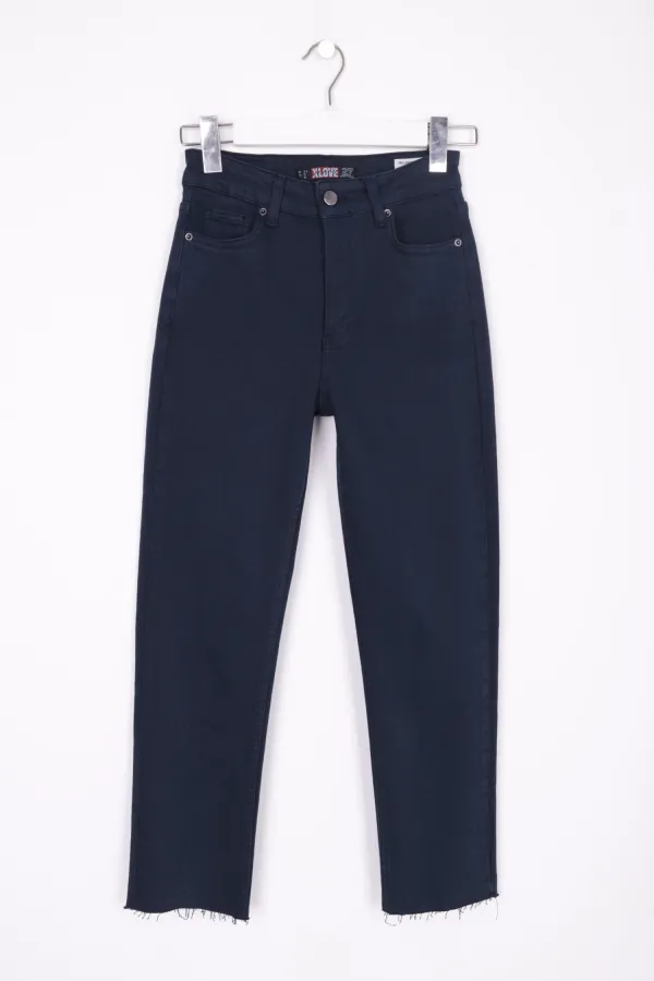 Fringe Ending High Waisted Mom Fit Jean  764-12-(26-31) Navy Blue