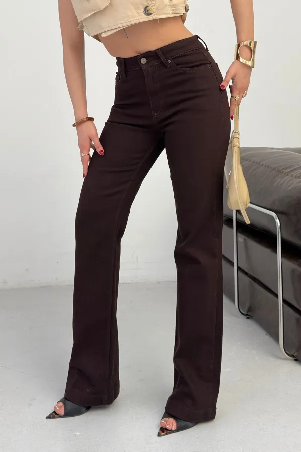 Stitched Hems Wide Leg Relaxed Jean  7026-78-(27-32) Brown