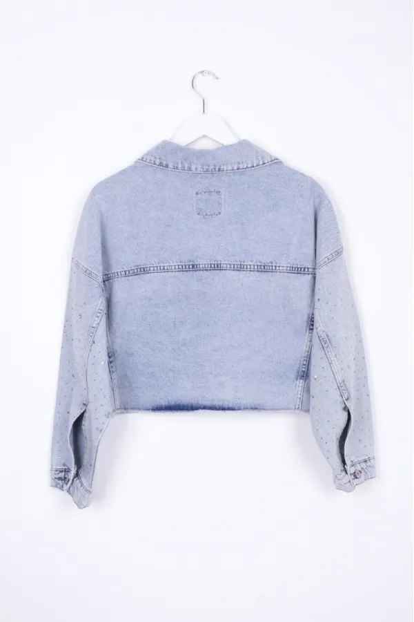 Oversize Short Denim Jacket with Stars and Rhinestones 6005-08-(S-L-5) Snow Light Blue Oversize Short Denim Jacket with Stars and Rhinestones 6005-08-(S-L-5) Snow Light Blue