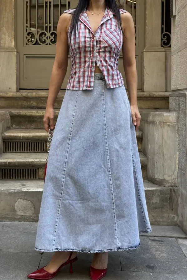 Ruffled Long Skirt with Elasticated Waist 1063-08-(36-44) Snow Light Blue