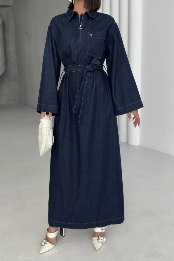 Kuşaklı Uzun Kot Elbise  3035-17-(S-XL)