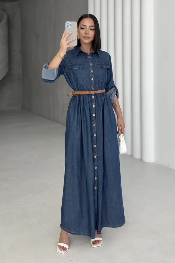 Düğmeli Uzun Kot Elbise 3041-26-(S-XL)