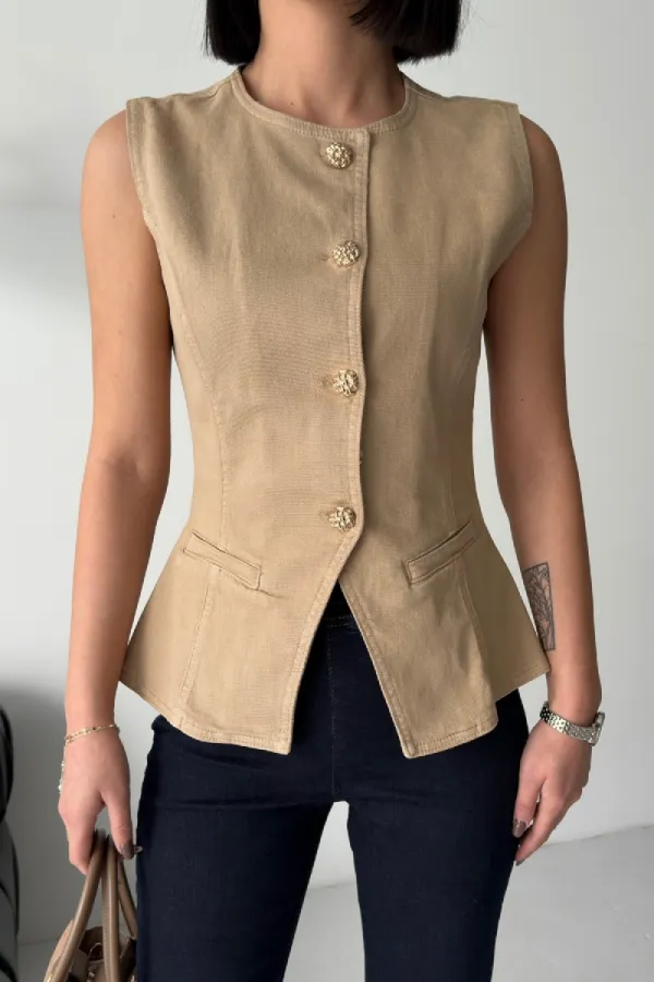 Denim Vest with Slit Front 6086-70-(S-XL) Camel