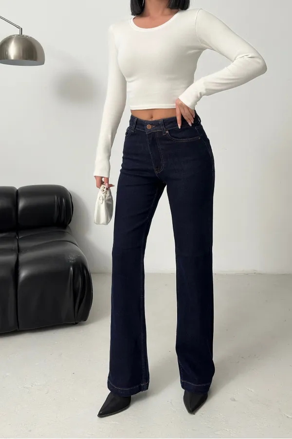 Stitched Hems Wide Leg Relaxed Jean  7026-17-(27-32) Slubbed Navy Blue